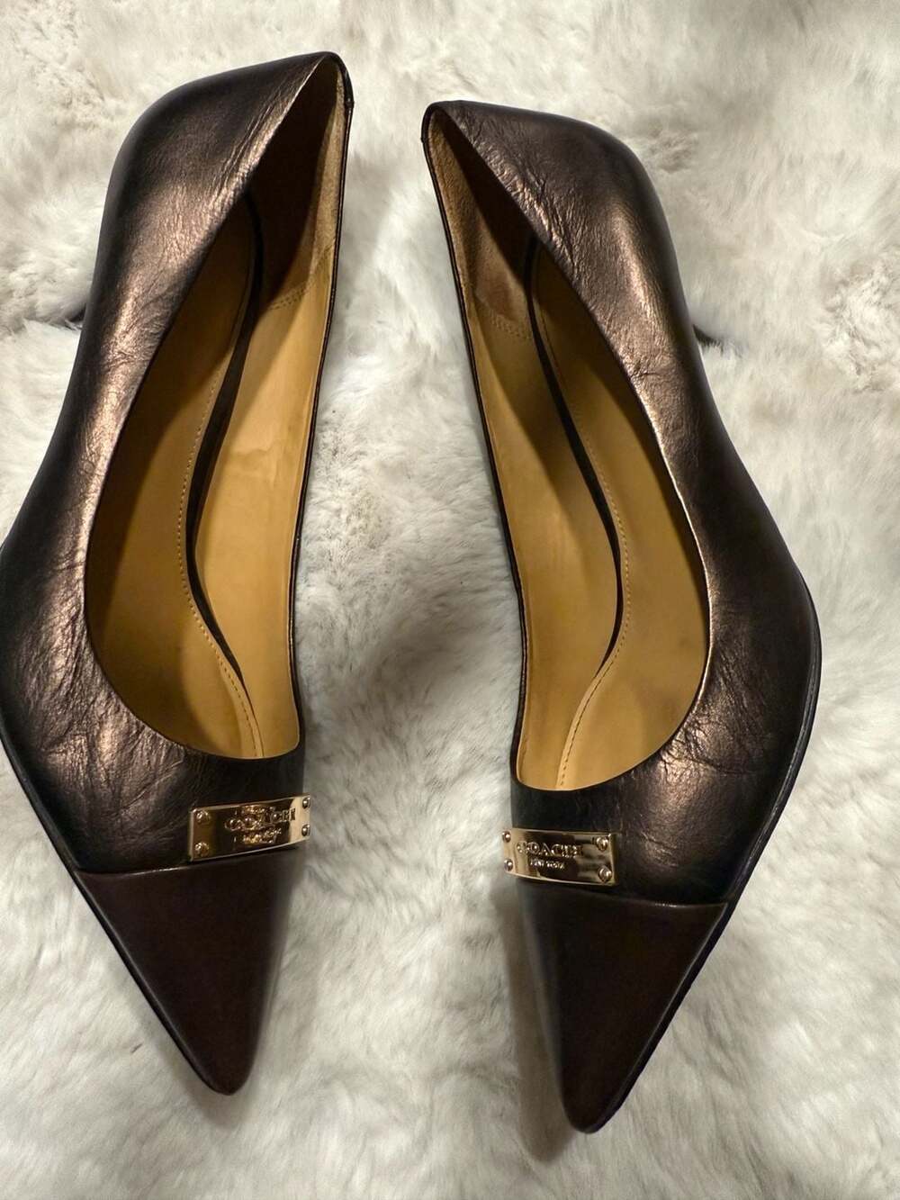 Coach Metallic Brown Pointed-Toe Cap-Toe Pumps with Logo Plaque - Picture 6 of 8